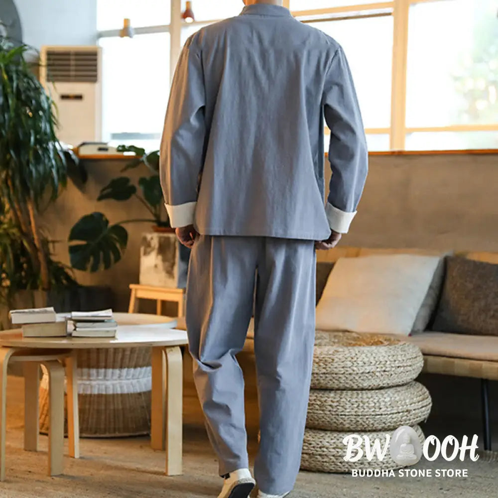 BWOOOH 2Pcs Zen Tang Suit Men’s Frog-Button Long Sleeve Shirt Pants Set With Pockets - Men’s Meditation Cloth