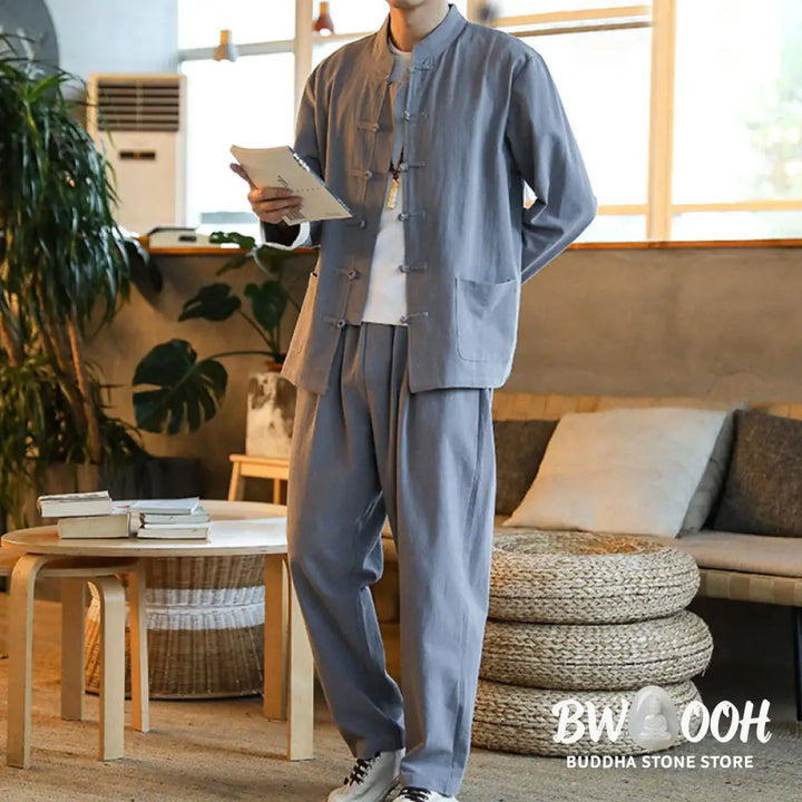 BWOOOH 2Pcs Zen Tang Suit Men’s Frog-Button Long Sleeve Shirt Pants Set With Pockets - Men’s Meditation Cloth