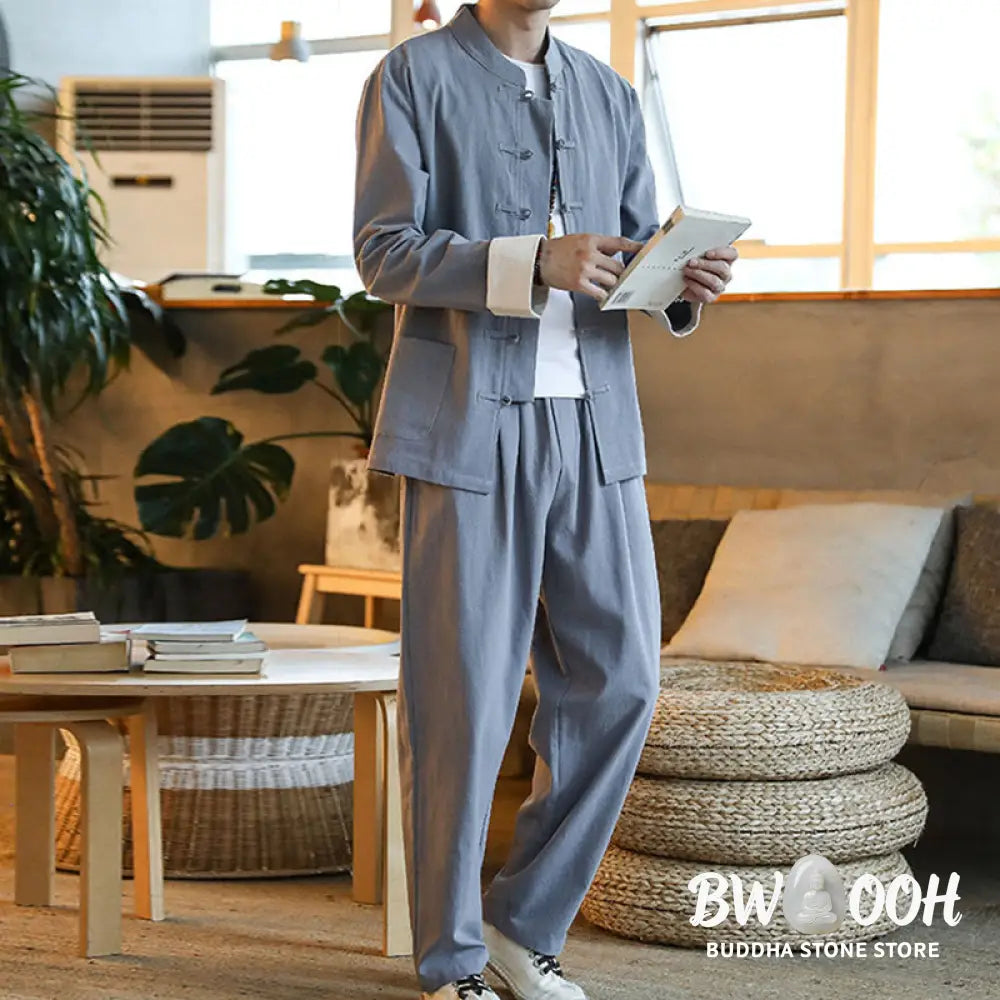 BWOOOH 2Pcs Zen Tang Suit Men’s Frog-Button Long Sleeve Shirt Pants Set With Pockets - Men’s Meditation Cloth
