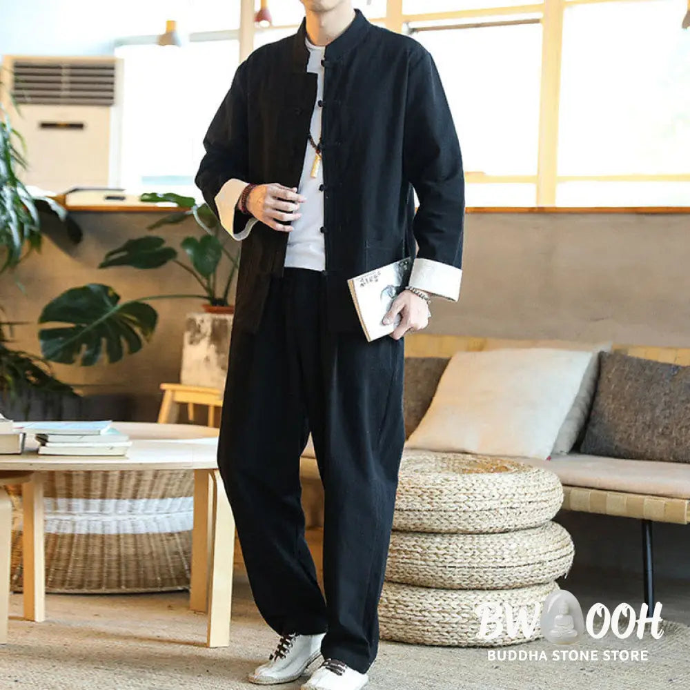 BWOOOH 2Pcs Zen Tang Suit Men’s Frog-Button Long Sleeve Shirt Pants Set With Pockets - Men’s Meditation Cloth