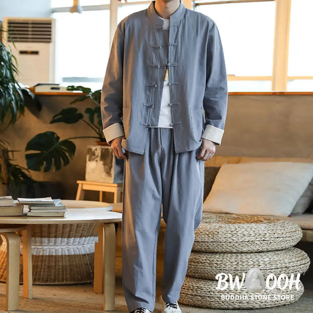 BWOOOH 2Pcs Zen Tang Suit Men’s Frog-Button Long Sleeve Shirt Pants Set With Pockets - Men’s Meditation Cloth