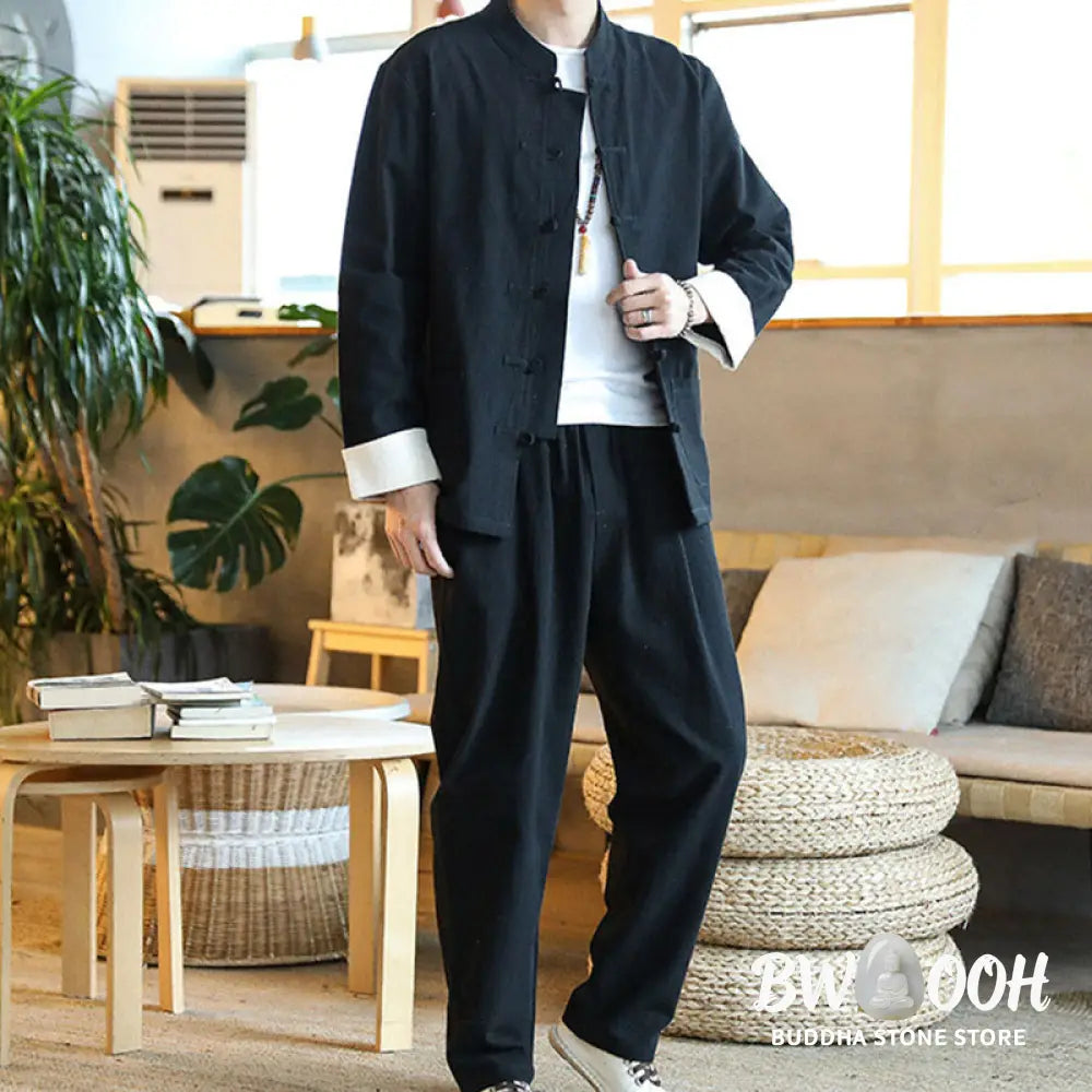 BWOOOH 2Pcs Zen Tang Suit Men’s Frog-Button Long Sleeve Shirt Pants Set With Pockets - Men’s Meditation Cloth