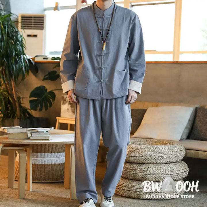 BWOOOH 2Pcs Zen Tang Suit Men’s Frog-Button Long Sleeve Shirt Pants Set With Pockets - Men’s Meditation Cloth