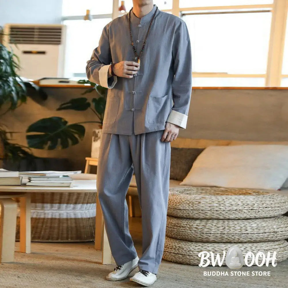 BWOOOH 2Pcs Zen Tang Suit Men’s Frog-Button Long Sleeve Shirt Pants Set With Pockets - Men’s Meditation Cloth