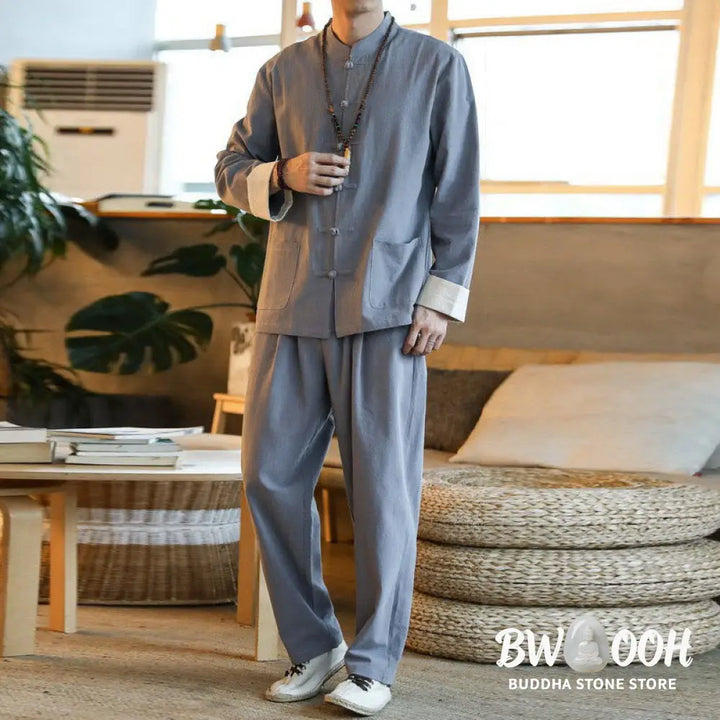 BWOOOH 2Pcs Zen Tang Suit Men’s Frog-Button Long Sleeve Shirt Pants Set With Pockets - Men’s Meditation Cloth