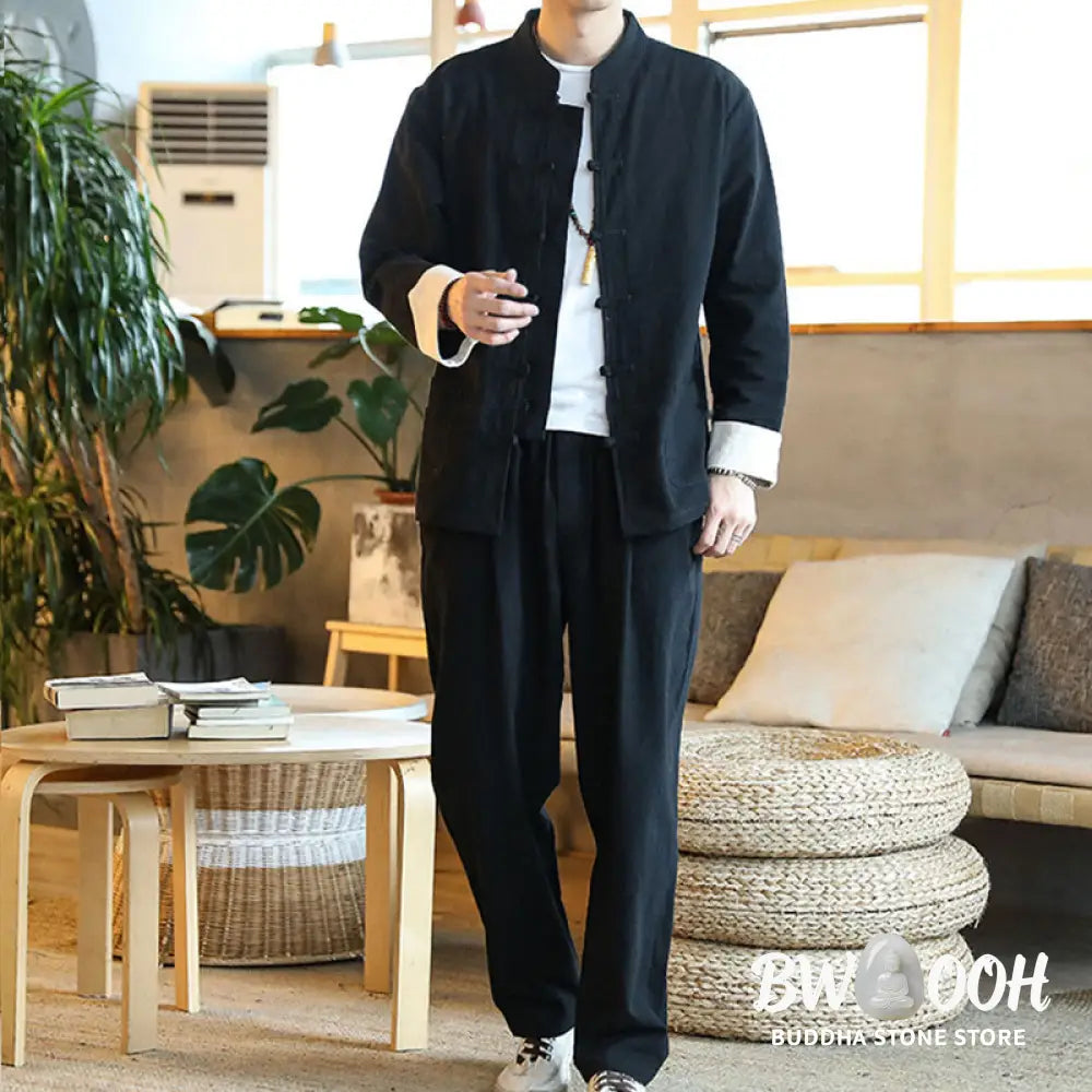 BWOOOH 2Pcs Zen Tang Suit Men’s Frog-Button Long Sleeve Shirt Pants Set With Pockets - Men’s Meditation Cloth