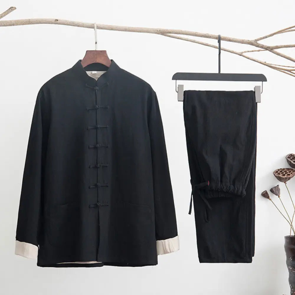 BWOOOH 2Pcs Zen Tang Suit Men’s Linen Frog-Button Long Sleeve Shirt Pants Set - Black / US/UK/AU36，EU46 (L) - Men’s