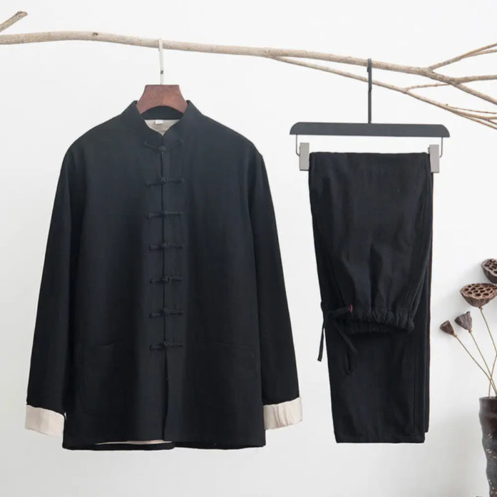 BWOOOH 2Pcs Zen Tang Suit Men’s Linen Frog-Button Long Sleeve Shirt Pants Set - Black / US/UK/AU36，EU46 (L) - Men’s
