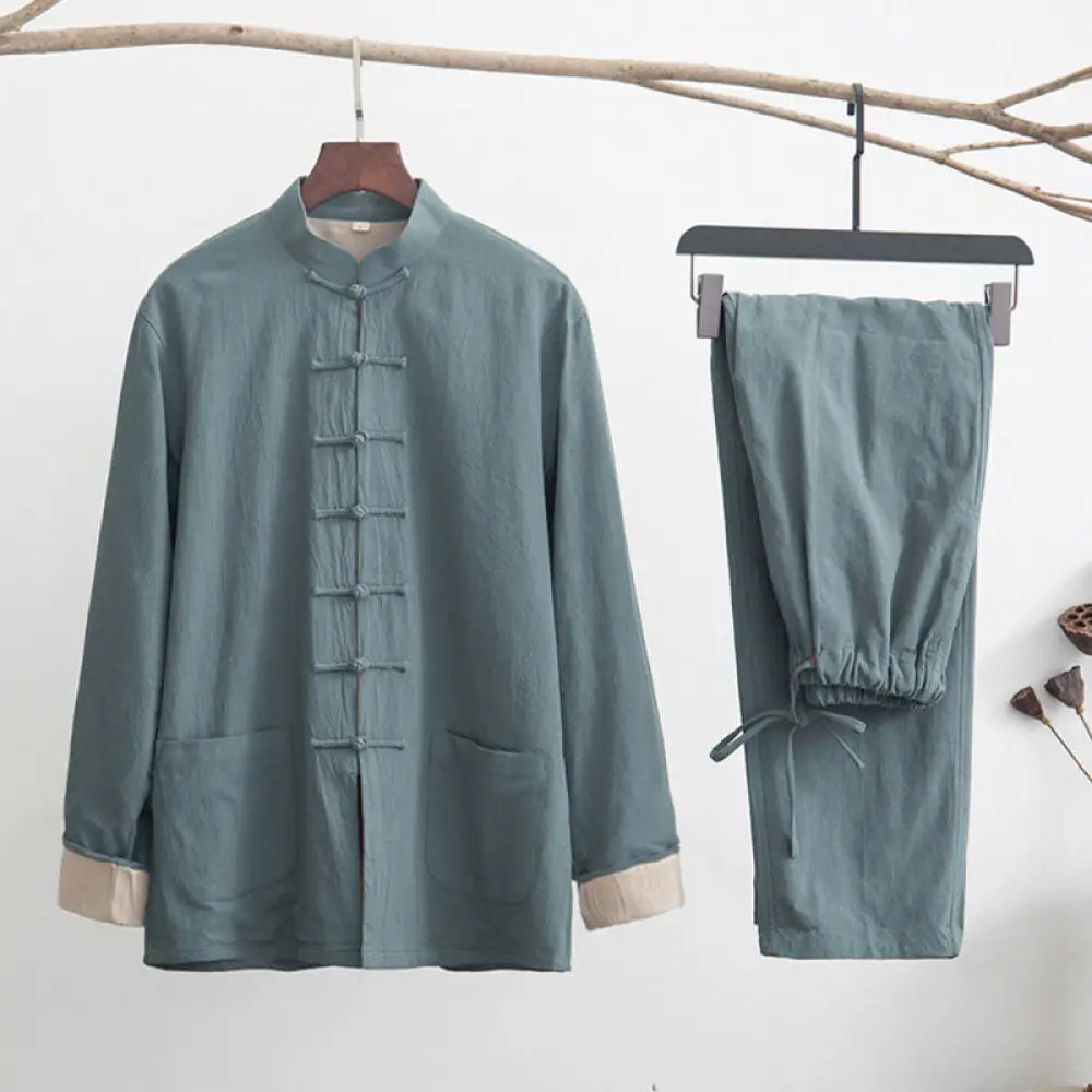 BWOOOH 2Pcs Zen Tang Suit Men’s Linen Frog-Button Long Sleeve Shirt Pants Set - CadetBlue / US/UK/AU36，EU46 (L) - Men’s