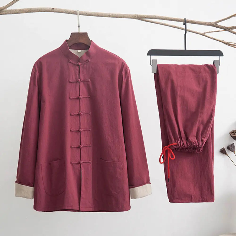 BWOOOH 2Pcs Zen Tang Suit Men’s Linen Frog-Button Long Sleeve Shirt Pants Set - FireBrick / US/UK/AU36，EU46 (L) - Men’s