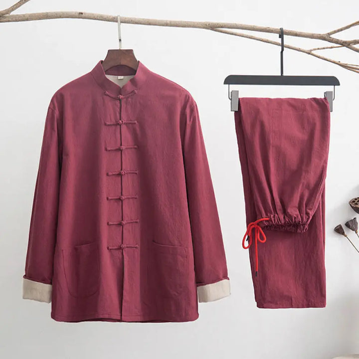 BWOOOH 2Pcs Zen Tang Suit Men’s Linen Frog-Button Long Sleeve Shirt Pants Set - FireBrick / US/UK/AU36，EU46 (L) - Men’s