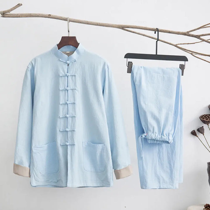 BWOOOH 2Pcs Zen Tang Suit Men’s Linen Frog-Button Long Sleeve Shirt Pants Set - LightCyan / US/UK/AU36，EU46 (L) - Men’s
