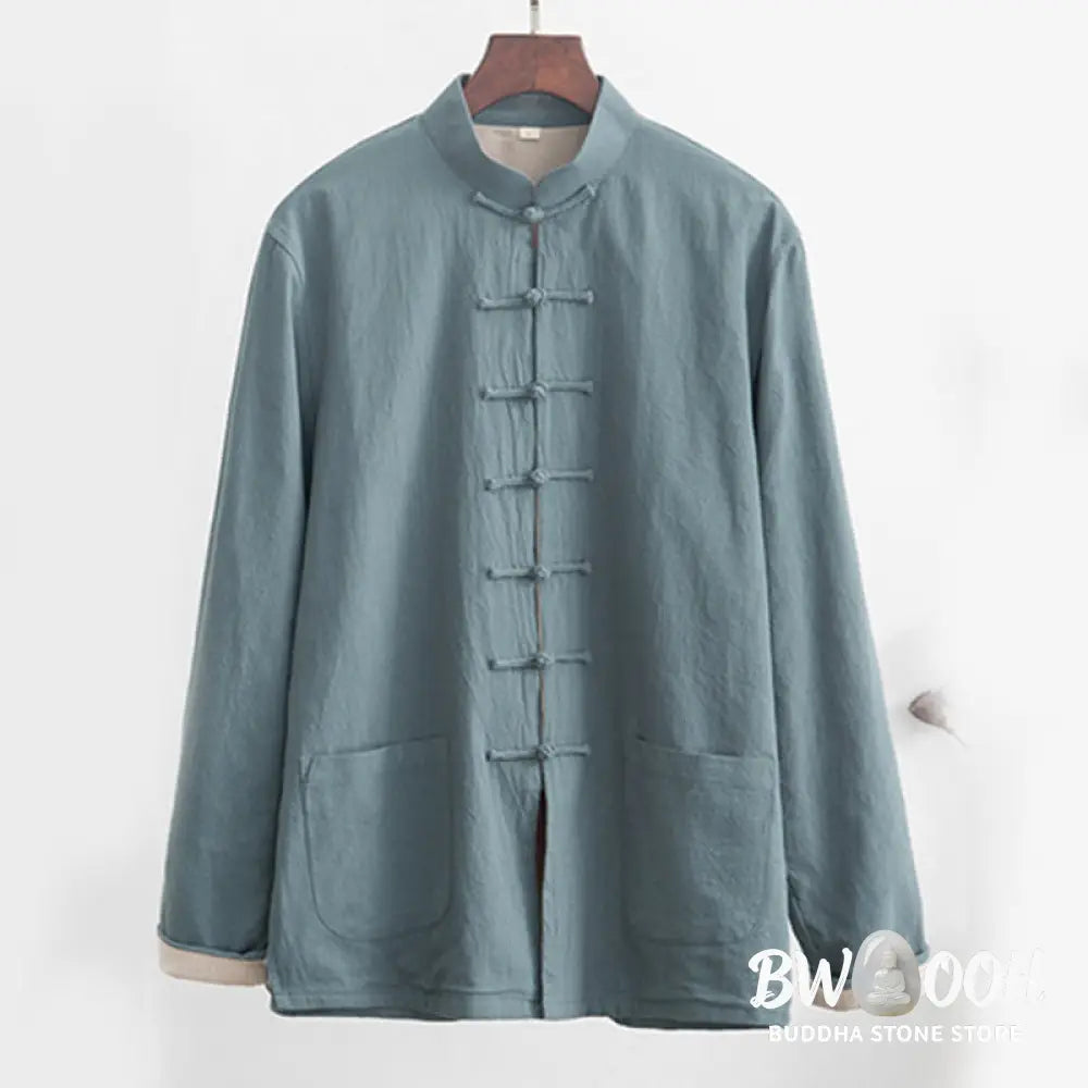 BWOOOH 2Pcs Zen Tang Suit Men’s Linen Frog-Button Long Sleeve Shirt Pants Set - Men’s Meditation Cloth