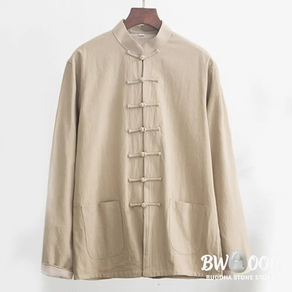 BWOOOH 2Pcs Zen Tang Suit Men’s Linen Frog-Button Long Sleeve Shirt Pants Set - Men’s Meditation Cloth