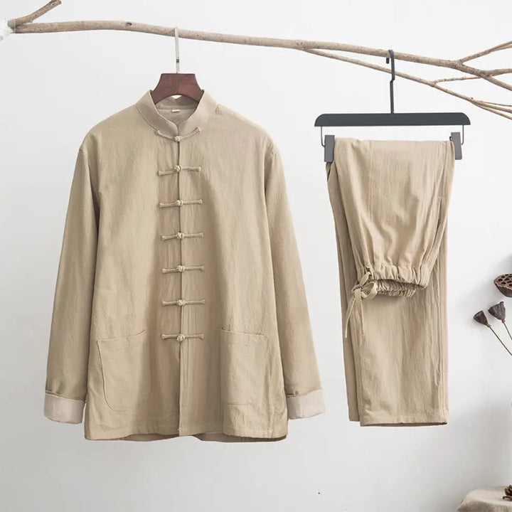 BWOOOH 2Pcs Zen Tang Suit Men’s Linen Frog-Button Long Sleeve Shirt Pants Set - Moccasin / US/UK/AU36，EU46 (L) - Men’s