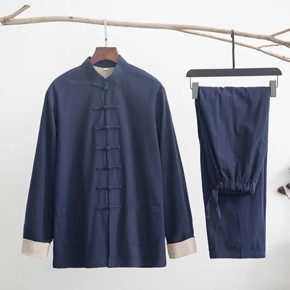 BWOOOH 2Pcs Zen Tang Suit Men’s Linen Frog-Button Long Sleeve Shirt Pants Set - SteelBlue / US/UK/AU36，EU46 (L) - Men’s