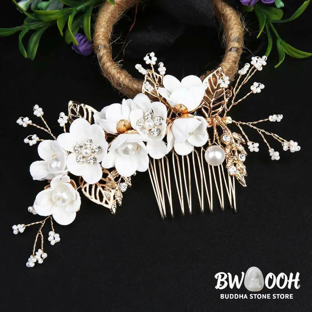 BWOOOH 4Pcs Handmade Wedding Golden Leaf Flower Pearl Hairpin Hair Comb Set - Hairpin&amp;Hair Comb