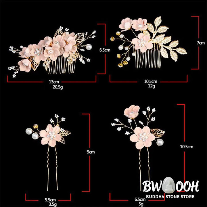 BWOOOH 4Pcs Handmade Wedding Golden Leaf Flower Pearl Hairpin Hair Comb Set - Hairpin&amp;Hair Comb