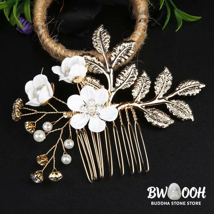BWOOOH 4Pcs Handmade Wedding Golden Leaf Flower Pearl Hairpin Hair Comb Set - Hairpin&amp;Hair Comb