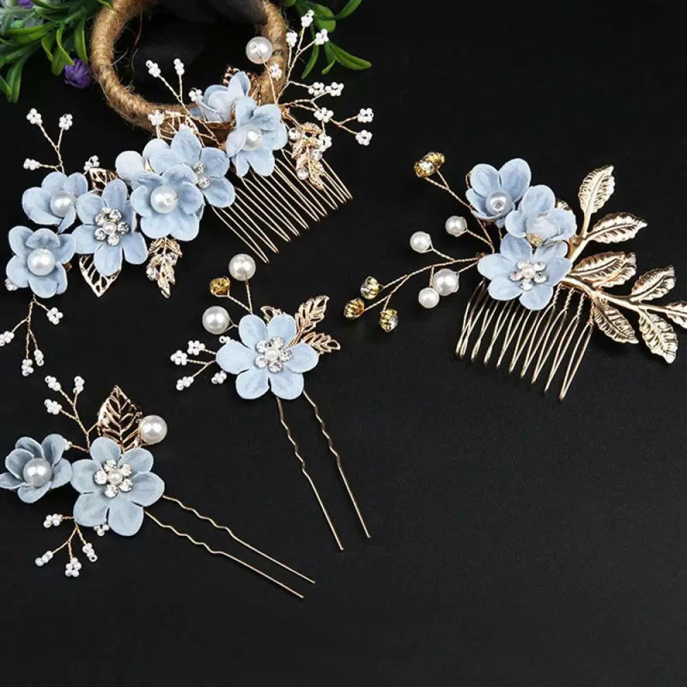 BWOOOH 4Pcs Handmade Wedding Golden Leaf Flower Pearl Hairpin Hair Comb Set - Blue 4Pcs Set - Hairpin&amp;Hair Comb