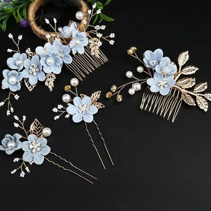 BWOOOH 4Pcs Handmade Wedding Golden Leaf Flower Pearl Hairpin Hair Comb Set - Blue 4Pcs Set - Hairpin&amp;Hair Comb