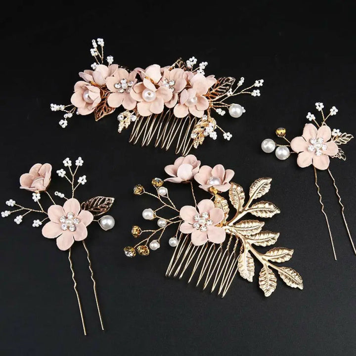BWOOOH 4Pcs Handmade Wedding Golden Leaf Flower Pearl Hai