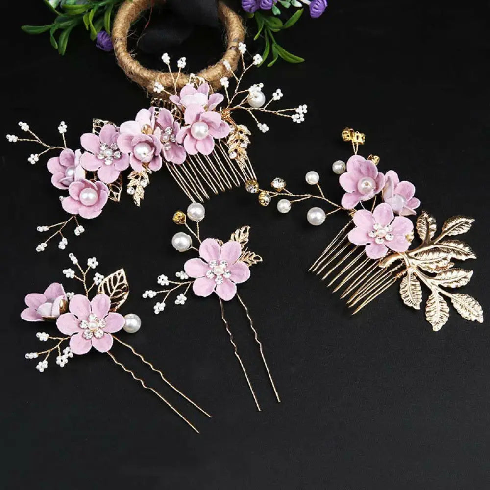 BWOOOH 4Pcs Handmade Wedding Golden Leaf Flower Pearl Hairpin Hair Comb Set - Purple 4Pcs Set - Hairpin&amp;Hair Comb