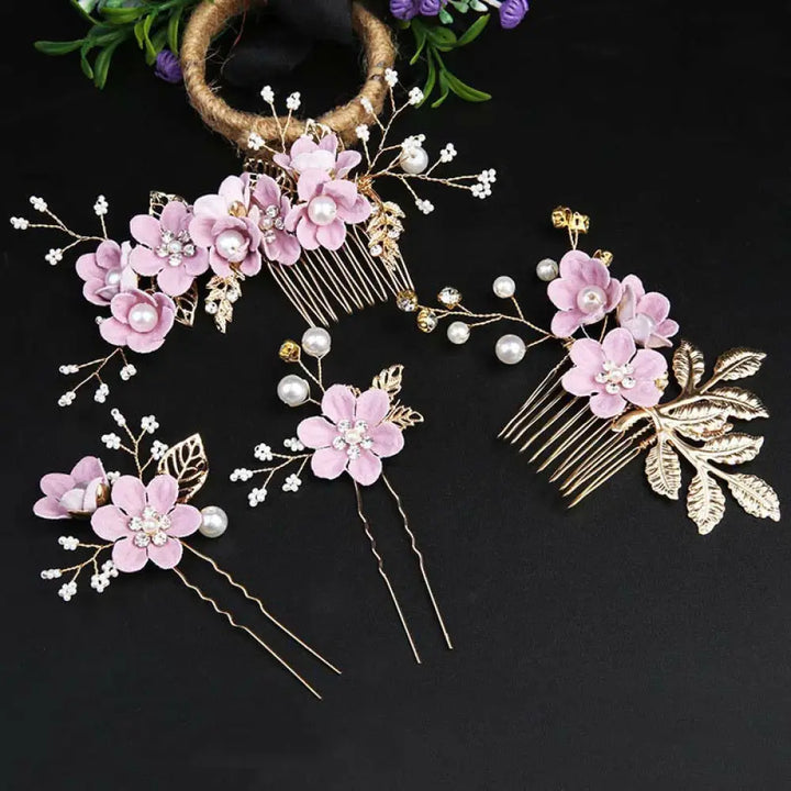 BWOOOH 4Pcs Handmade Wedding Golden Leaf Flower Pearl Hairpin Hair Comb Set - Purple 4Pcs Set - Hairpin&amp;Hair Comb
