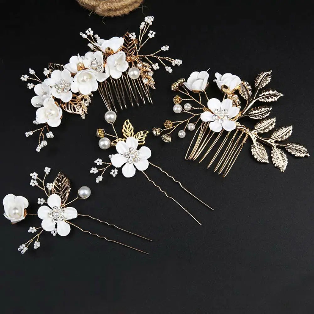 BWOOOH 4Pcs Handmade Wedding Golden Leaf Flower Pearl Hairpin Hair Comb Set - White 4Pcs Set - Hairpin&amp;Hair Comb
