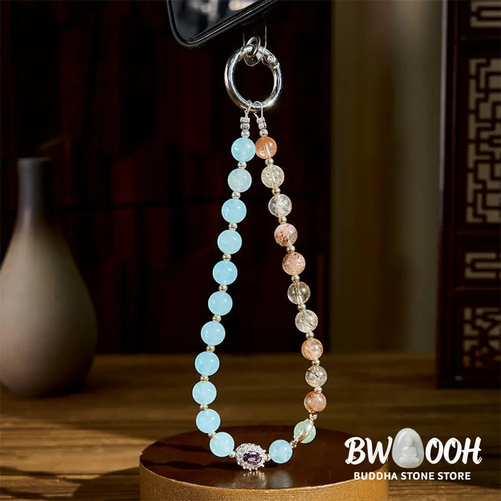 BWOOOH 8mm Blue Chalcedony Super Seven Crystal Energy Key Chain Phone Hanging Decoration - Blue Chalcedony(Charity ♥