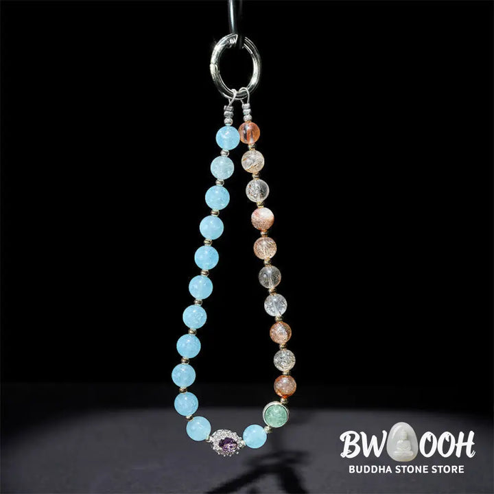 BWOOOH 8mm Blue Chalcedony Super Seven Crystal Energy Key Chain Phone Hanging Decoration - Blue Chalcedony(Charity ♥
