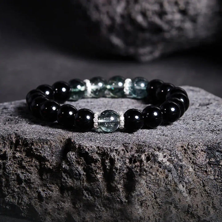 Buddha Stones 925 Sterling Silver Black Obsidian Green Phantom Strength Bracelet featuring Drolma-inspired design elements for meditation and mindfulness.