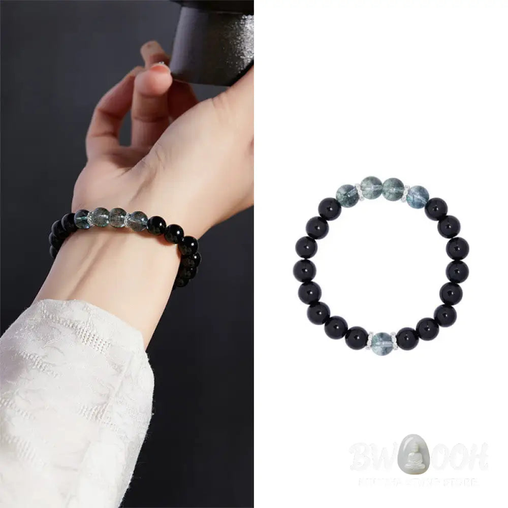 BWOOOH 925 Sterling Silver Black Obsidian Green Phantom Strength Bracelet - Black Obsidian(Wrist Circumference: