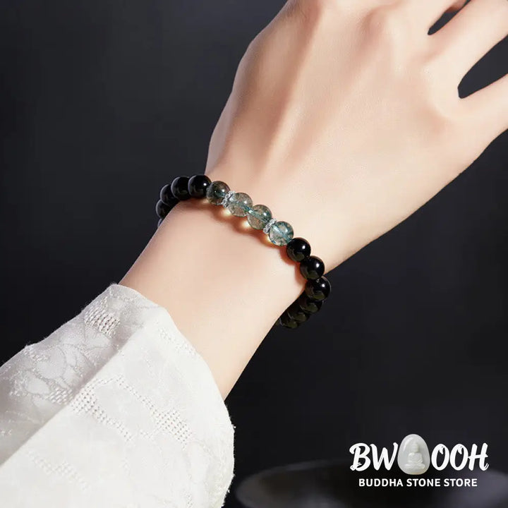 BWOOOH 925 Sterling Silver Black Obsidian Green Phantom Strength Bracelet - Black Obsidian(Wrist Circumference: