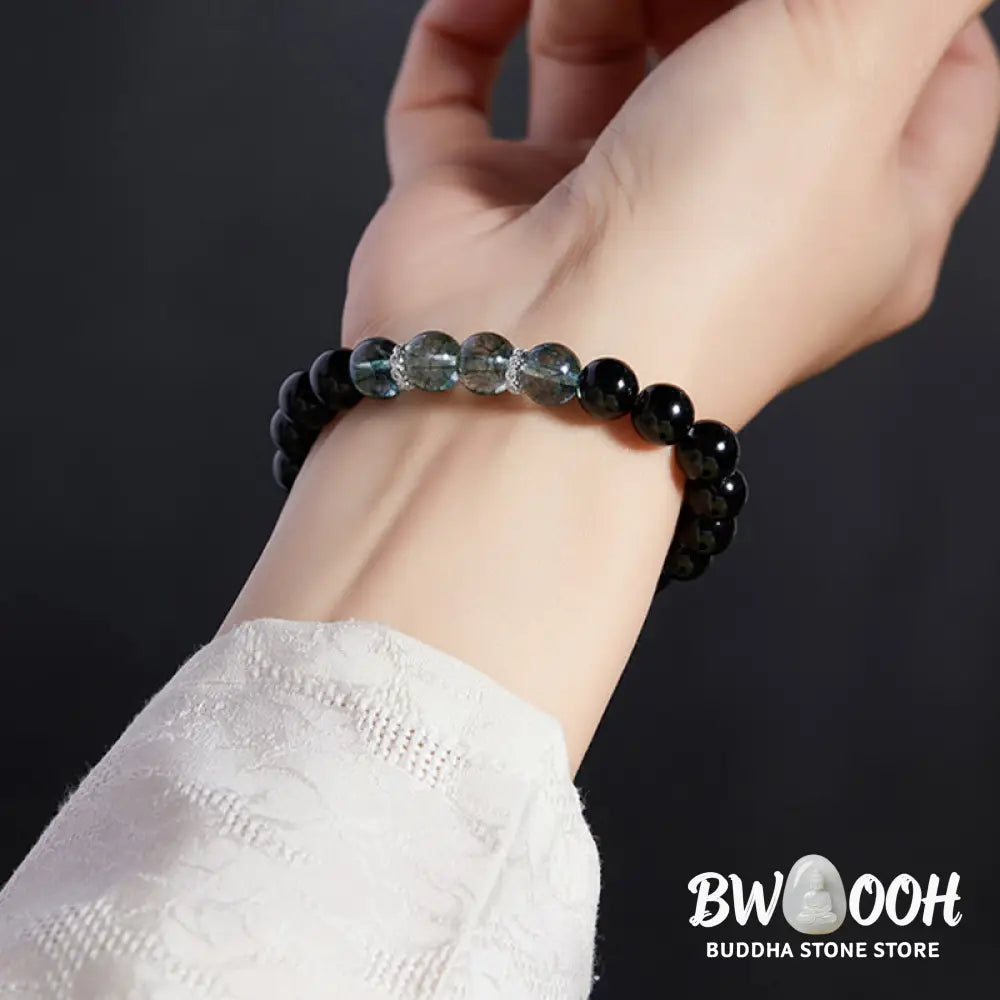 BWOOOH 925 Sterling Silver Black Obsidian Green Phantom Strength Bracelet - Black Obsidian(Wrist Circumference: