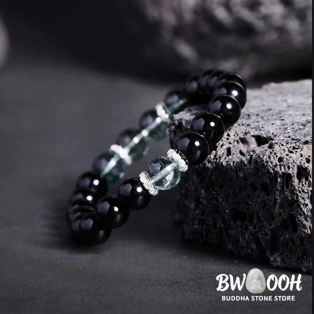 BWOOOH 925 Sterling Silver Black Obsidian Green Phantom Strength Bracelet - Black Obsidian(Wrist Circumference: