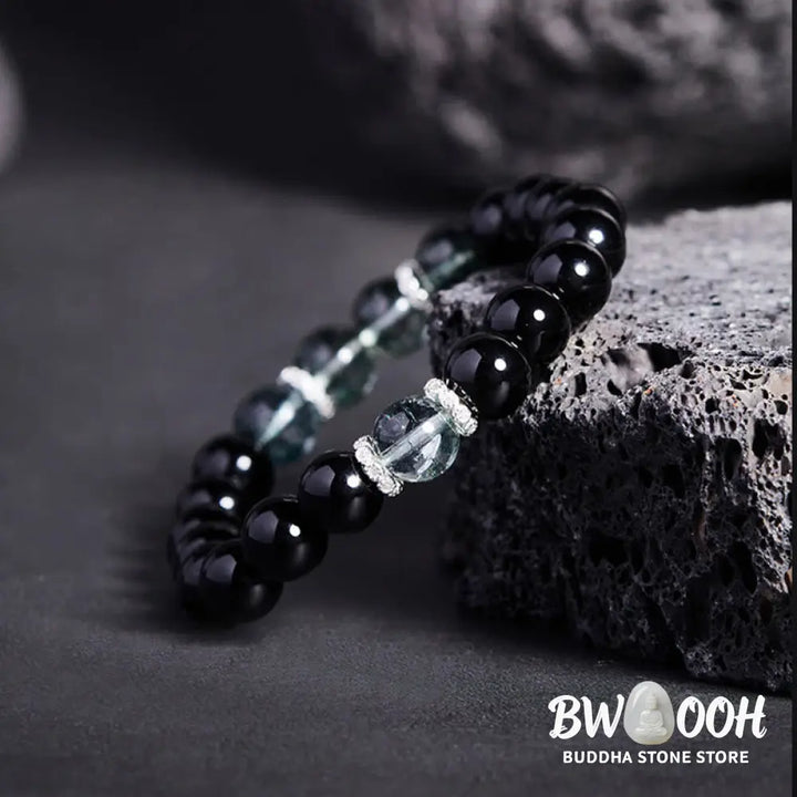 BWOOOH 925 Sterling Silver Black Obsidian Green Phantom Strength Bracelet - Black Obsidian(Wrist Circumference: