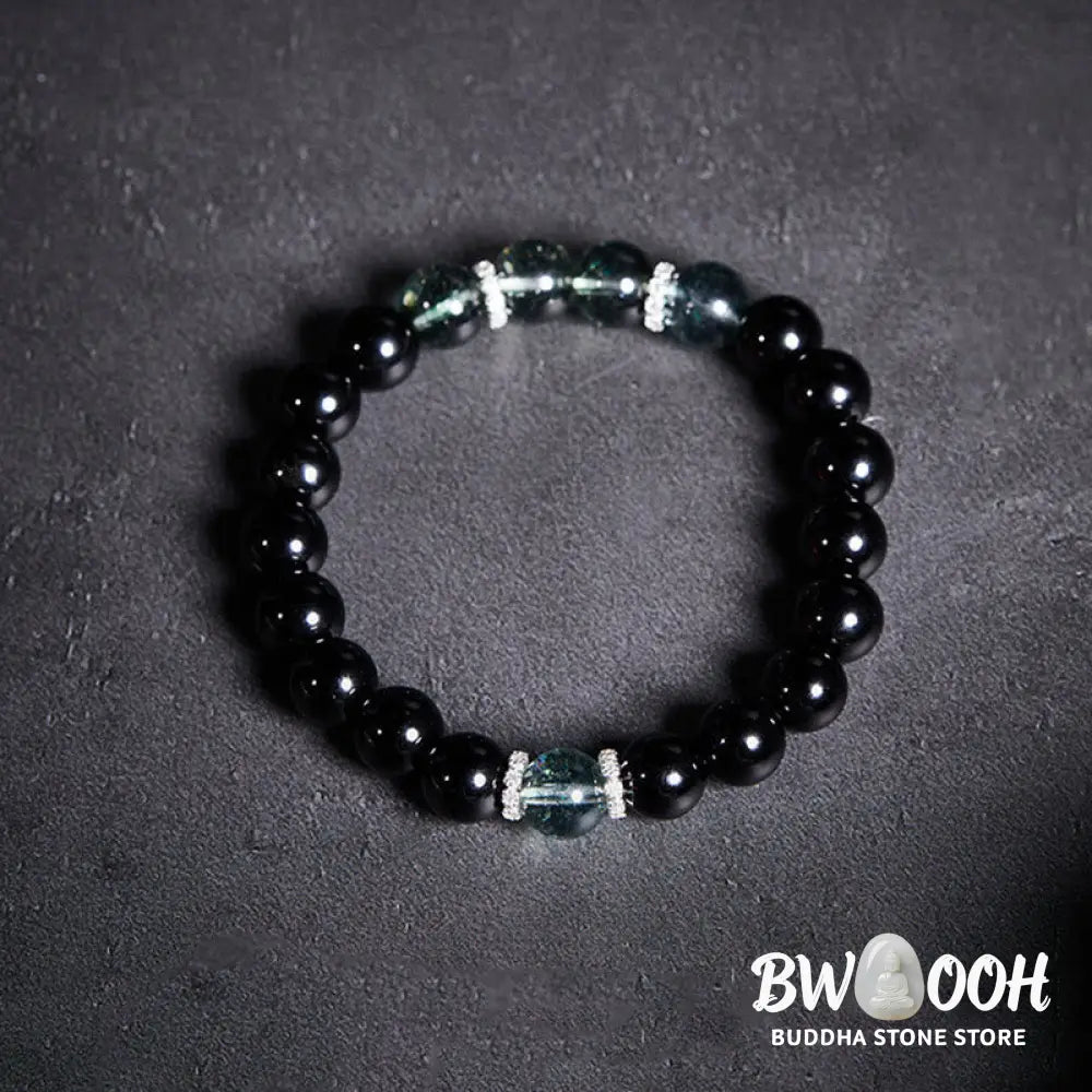 BWOOOH 925 Sterling Silver Black Obsidian Green Phantom Strength Bracelet - Black Obsidian(Wrist Circumference: