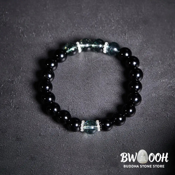 BWOOOH 925 Sterling Silver Black Obsidian Green Phantom Strength Bracelet - Black Obsidian(Wrist Circumference: