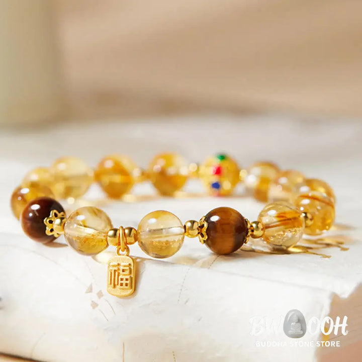 BWOOOH 925 Sterling Silver Fu Character Citrine Tiger Eye Protection Bracelet - Citrine (Wrist Circumference:17-19cm)