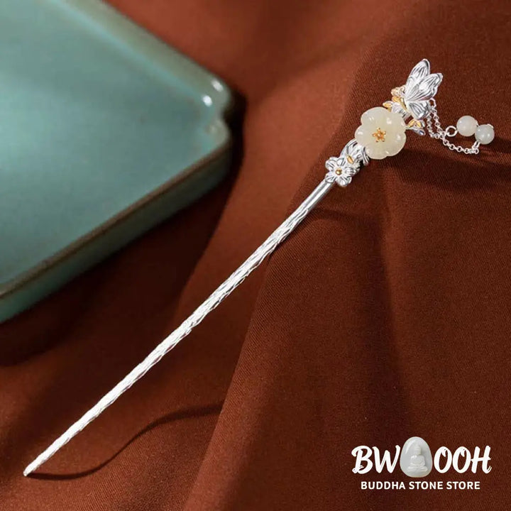 BWOOOH 925 Sterling Silver Hetian White Jade Flower Blessing Hairpin - Hetian White Jade (Protection ♥ Happiness)