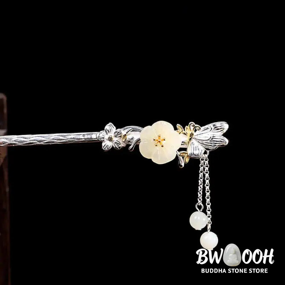 BWOOOH 925 Sterling Silver Hetian White Jade Flower Blessing Hairpin - Hetian White Jade (Protection ♥ Happiness)
