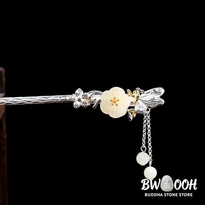 BWOOOH 925 Sterling Silver Hetian White Jade Flower Blessing Hairpin - Hetian White Jade (Protection ♥ Happiness)
