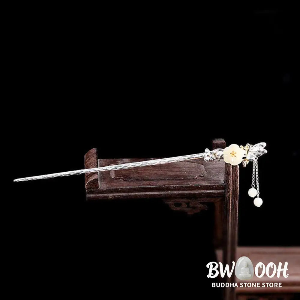 BWOOOH 925 Sterling Silver Hetian White Jade Flower Blessing Hairpin - Hetian White Jade (Protection ♥ Happiness)