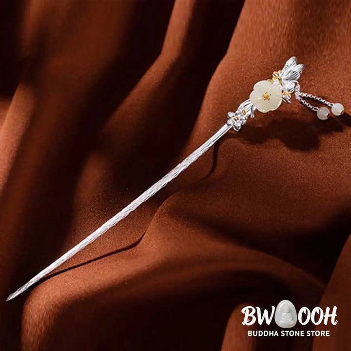 BWOOOH 925 Sterling Silver Hetian White Jade Flower Blessing Hairpin - Hetian White Jade (Protection ♥ Happiness)