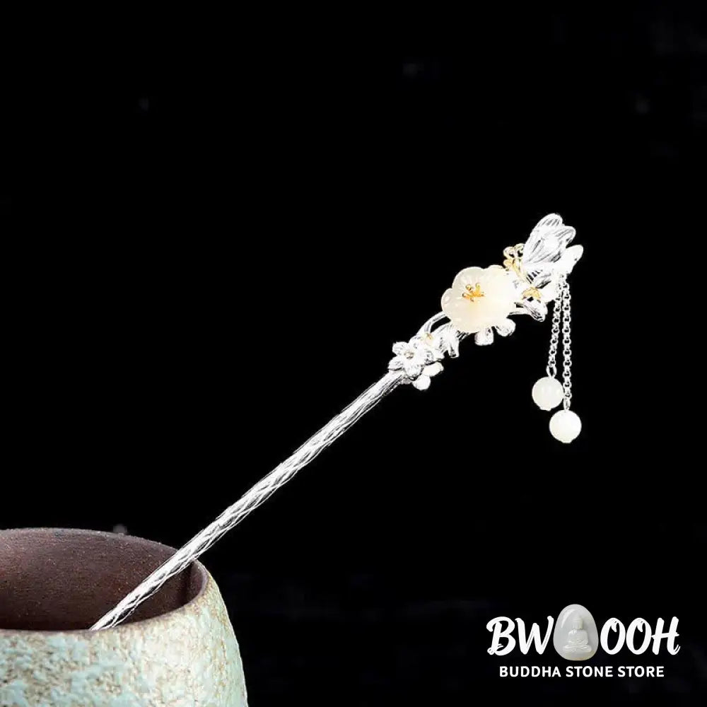BWOOOH 925 Sterling Silver Hetian White Jade Flower Blessing Hairpin - Hetian White Jade (Protection ♥ Happiness)