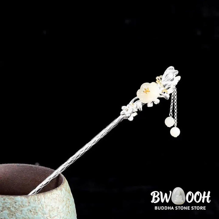 BWOOOH 925 Sterling Silver Hetian White Jade Flower Blessing Hairpin - Hetian White Jade (Protection ♥ Happiness)