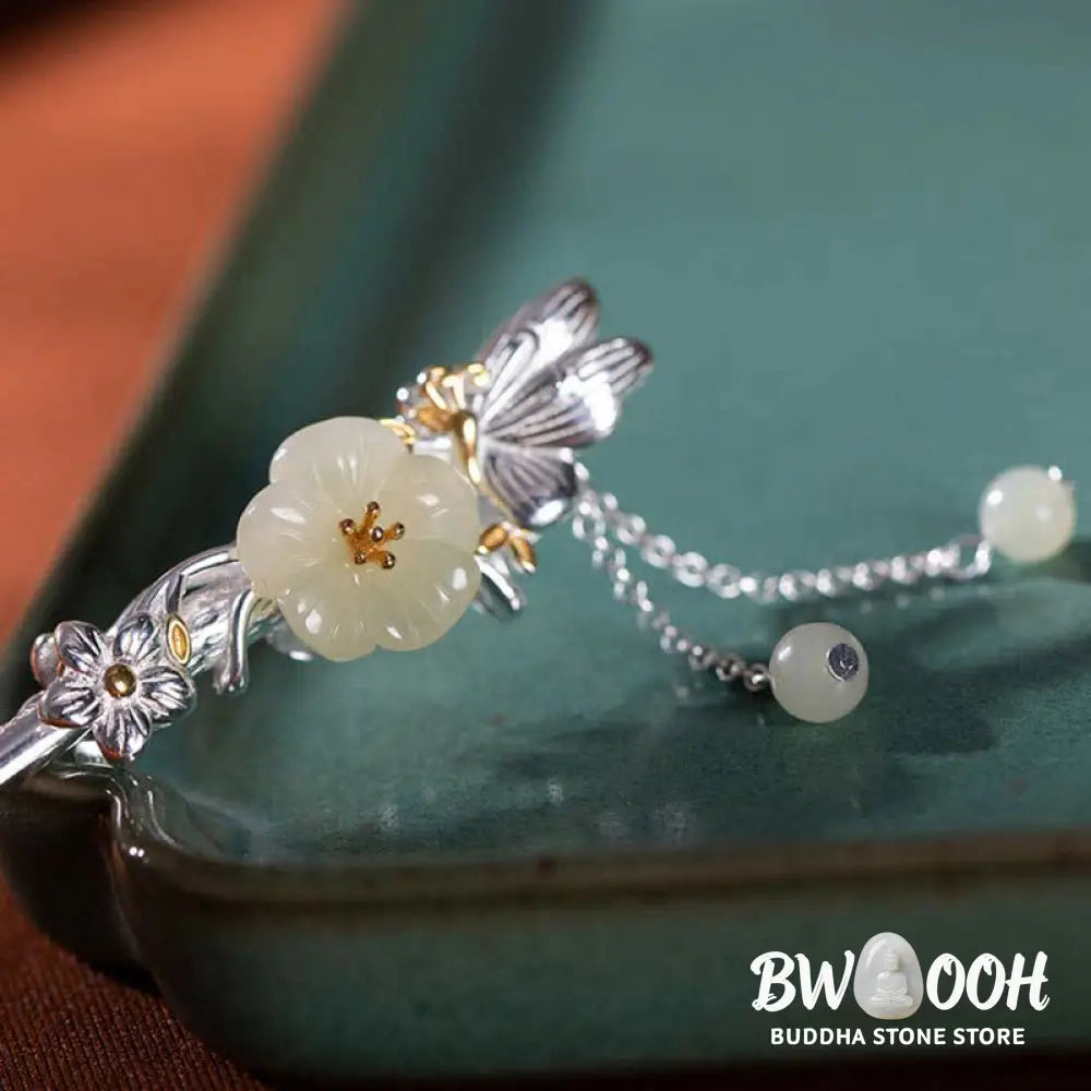 BWOOOH 925 Sterling Silver Hetian White Jade Flower Blessing Hairpin - Hetian White Jade (Protection ♥ Happiness)