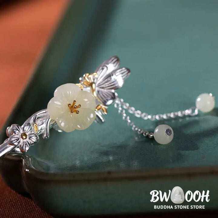 BWOOOH 925 Sterling Silver Hetian White Jade Flower Blessing Hairpin - Hetian White Jade (Protection ♥ Happiness)