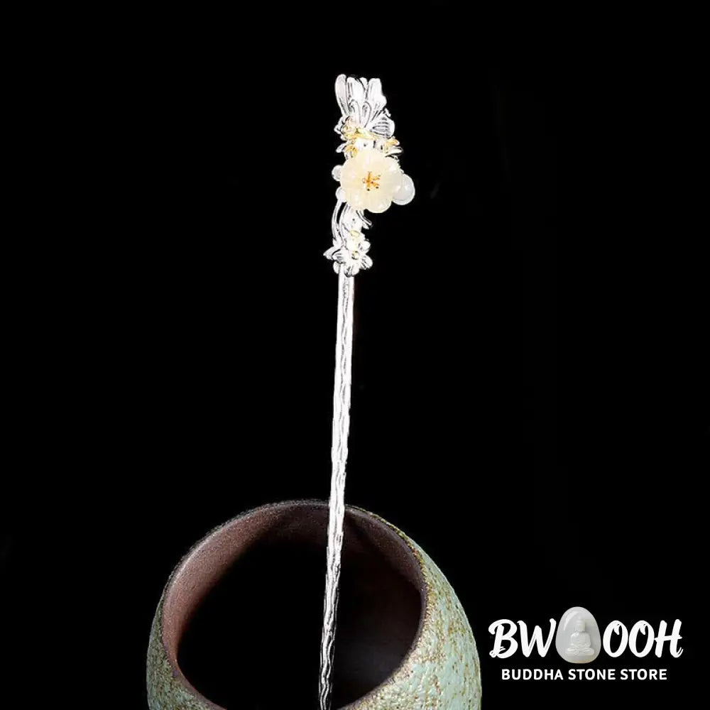 BWOOOH 925 Sterling Silver Hetian White Jade Flower Blessing Hairpin - Hetian White Jade (Protection ♥ Happiness)